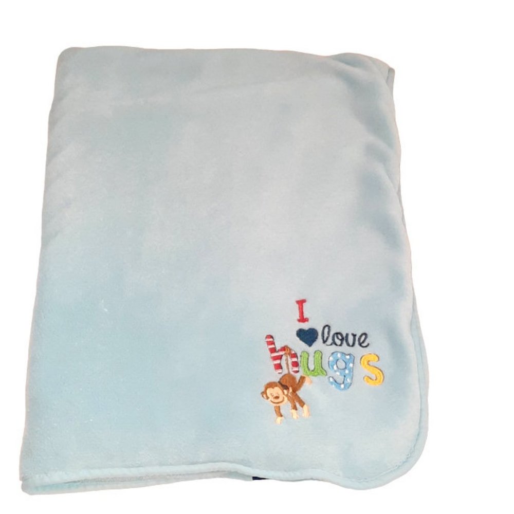 Northpoint Baby Monkey I Love Hugs Blue Lovey Security Blanket 37" X 29"
